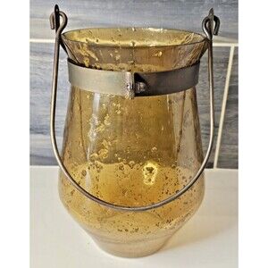 Large Textured Light Amber Glass w/ Oil Rubbed Bronze Hardware Candle Lantern